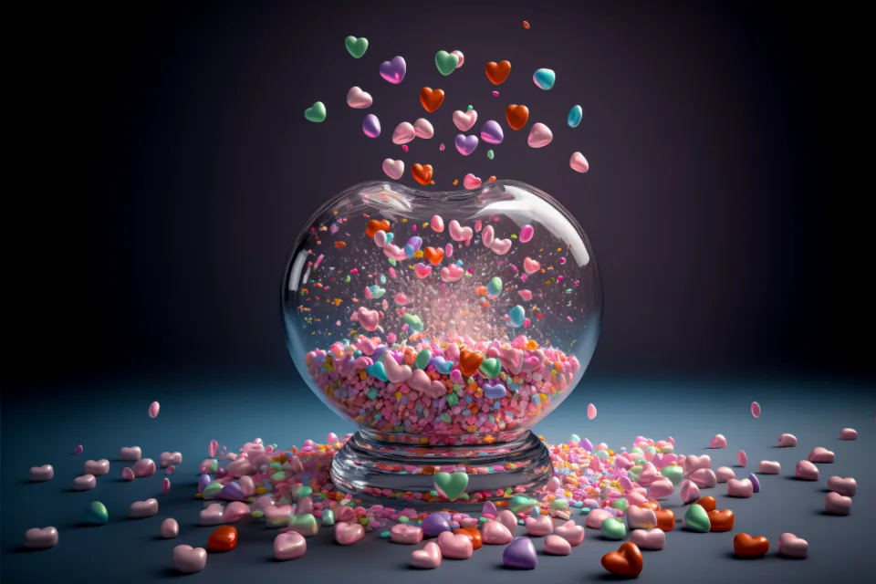 A glass candy jar with colorful sweets scattered around it
